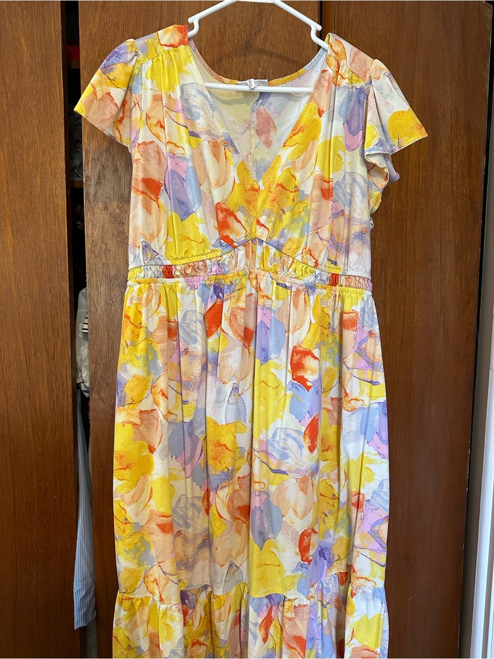 Watercolor Floral V-Neck Midi Dress in Yellow